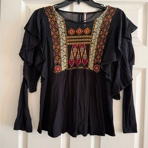 Free People Black Blouse with Colorful Embroidery